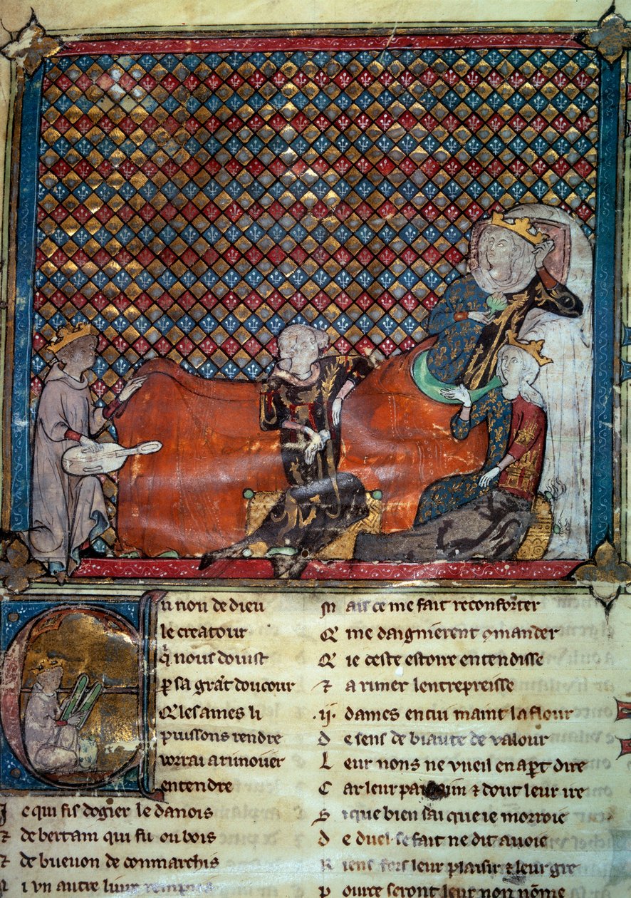 Adenet le Roi (cirka 1240- cirka 1300), poet och menestrel, reciterar Cleomades roman, före Mathilde de Brabant (1224-1288) och prinsessan Blanche av Kastilien (dotter till Saint Louis). Miniatyr från en samling fransk poesi av Unknown artist