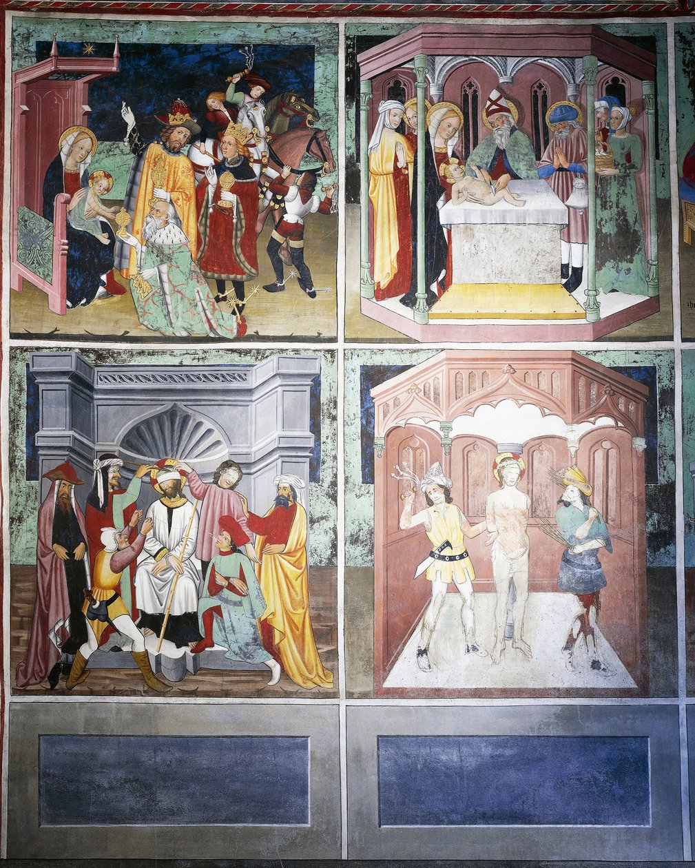 Tillbedjan av männen, omskärelse, hån, gissling, Kristi liv (1400-talet), fresker, kapellet St Sebastian, Villard-de-Lans, Rhone-Alpes, Frankrike. av Unknown artist