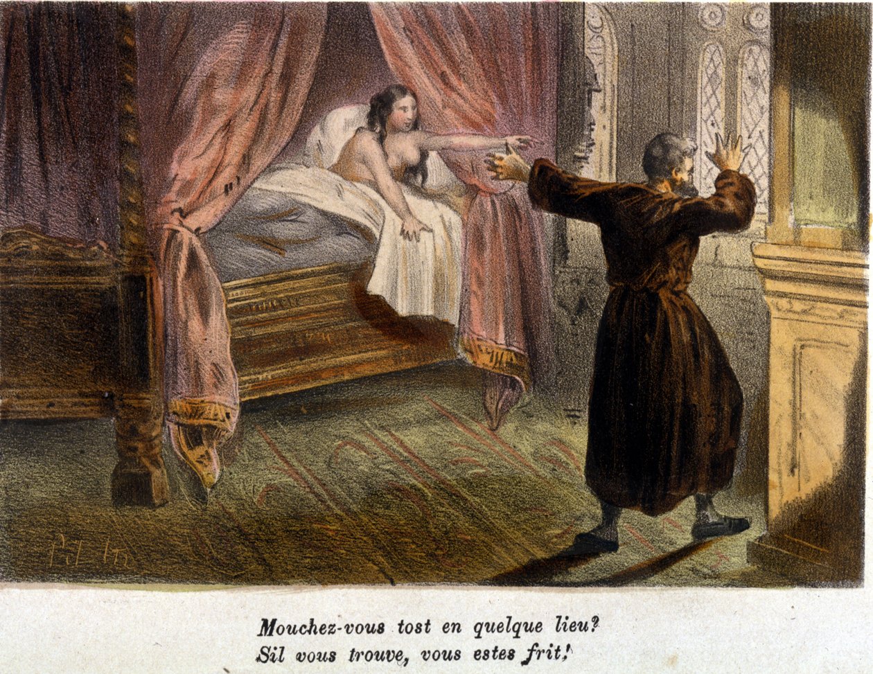 Äktenskapsbrott: en förvånad munk som försöker gömma sig och en naken kvinna i sängen. Litografi sd. tidigt 1800-tal. av Unknown artist