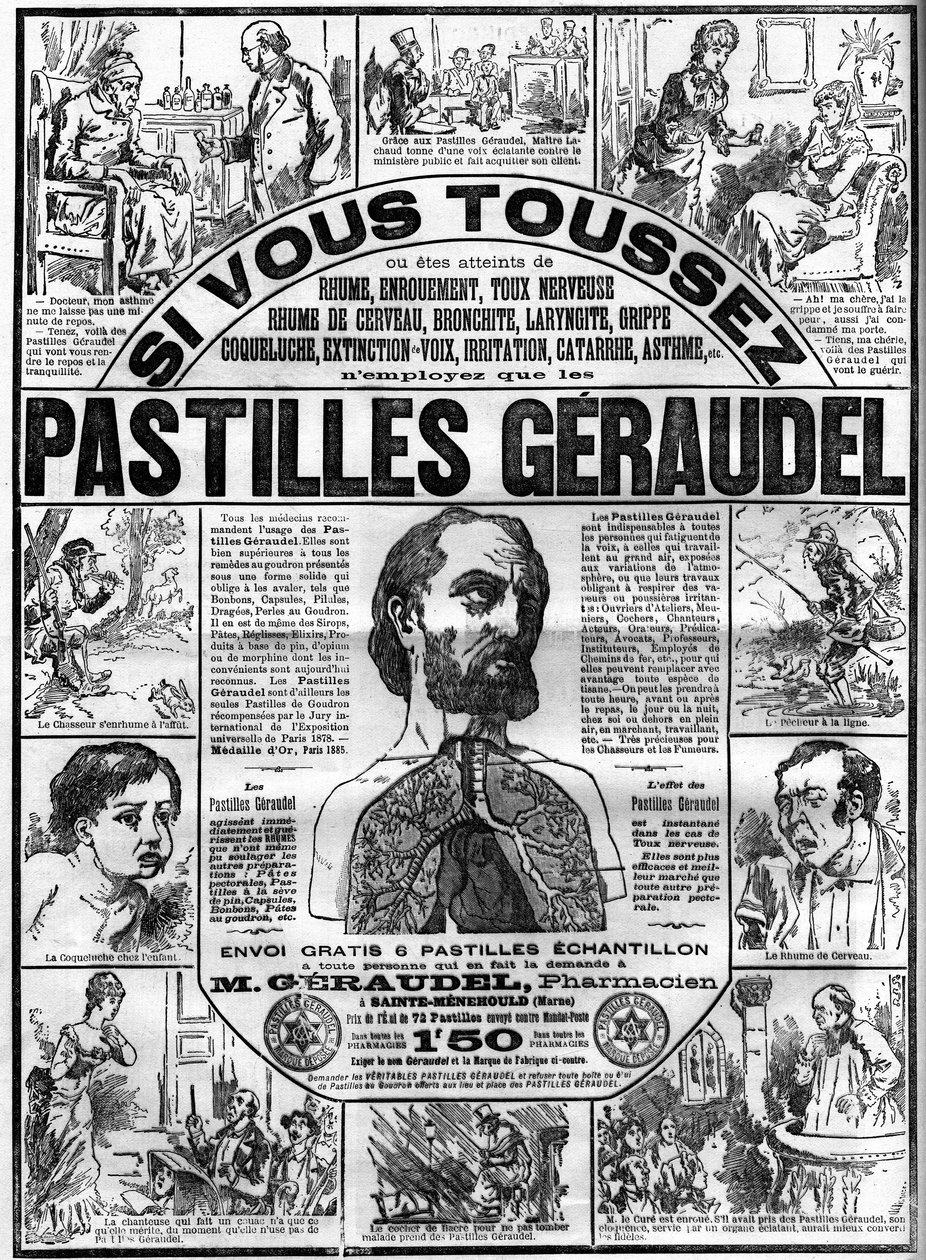 Reklam för Geraudel-tabletter av apotekaren Arthur Geraudel (1841-1906) en Sainte-Menehould (Sainte Menehould) mot hosta. Gravyr i "" Le monde illustrious"" av Unknown artist