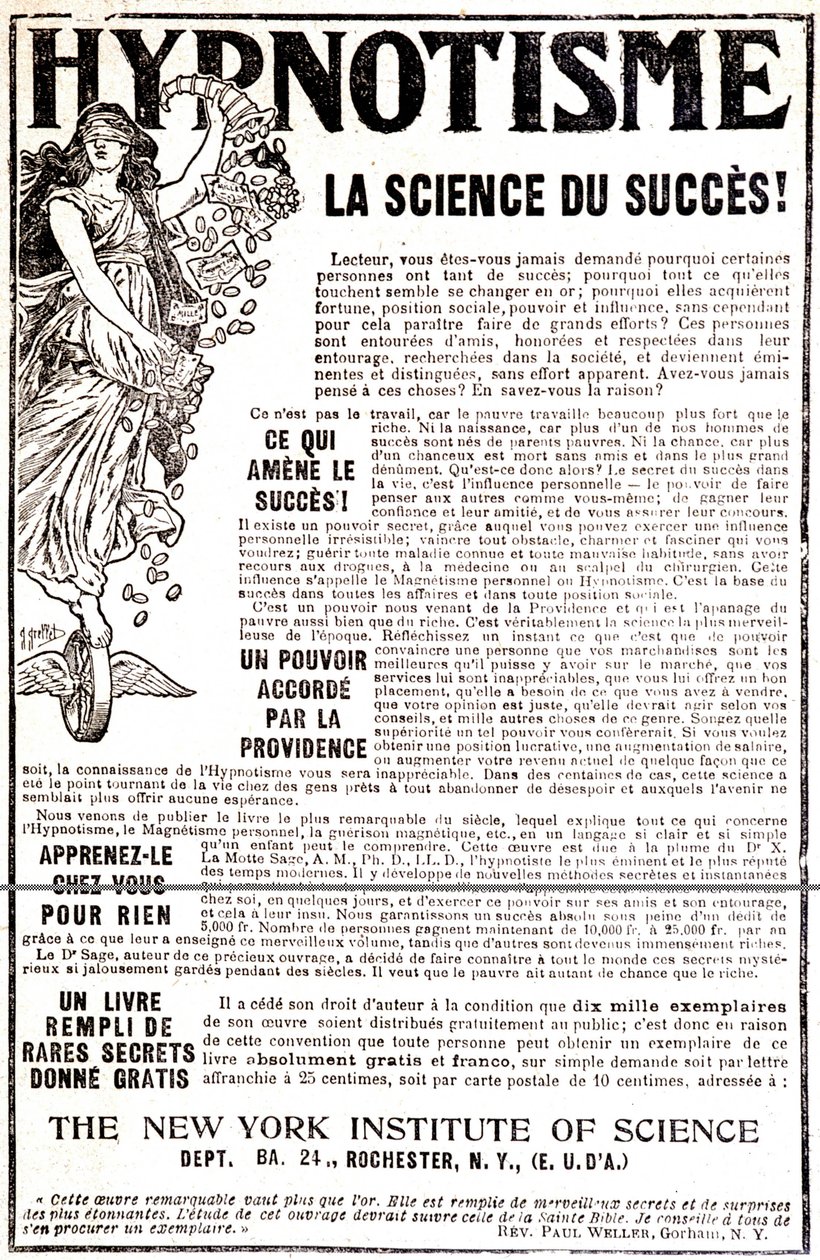 Reklam för en hypnosbok - i "" Le Petit Journal"" av Unknown artist