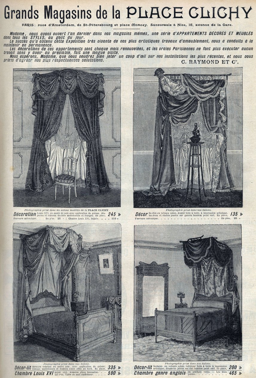 Reklam för möbler och dekorationer i varuhusen på Place de Clichy i Paris Gravyr i "Le sun-du-dimanche"" av Unknown artist