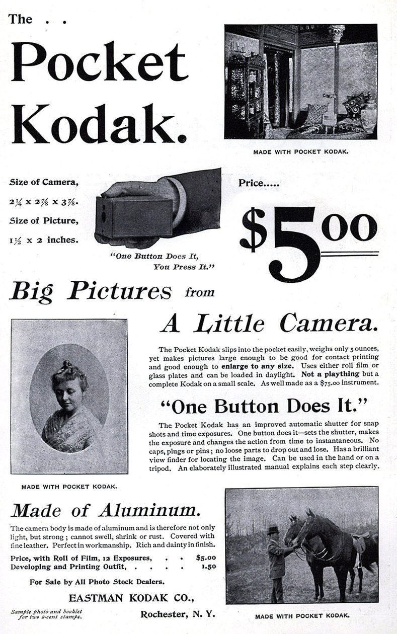 Reklam för Kodak fickkamera. (Pocket Kodak) 1895. Privat Coll. av Unknown artist