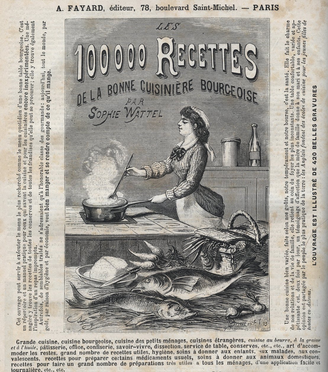 Reklam för boken "Les hundra tusen recept av den goda borgerliga kocken" av Sophie Wattel (Grand cuisine, bourgeois cuisine, cuisine of små hushåll, cuisine of utländska kök, bakverk, kontor, konfektyr, savoir-vivre, dissektion av Unknown artist