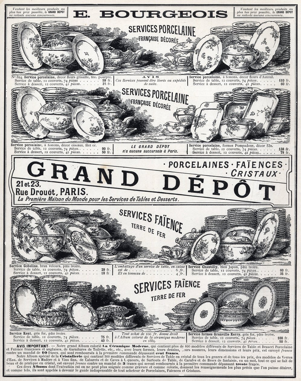 Reklam från 1889 för "" La Ceramic Moderne av Le Grand Depot De Porcelaines, Faiences Et Verreries Bourgeois i Paris"" av Unknown artist