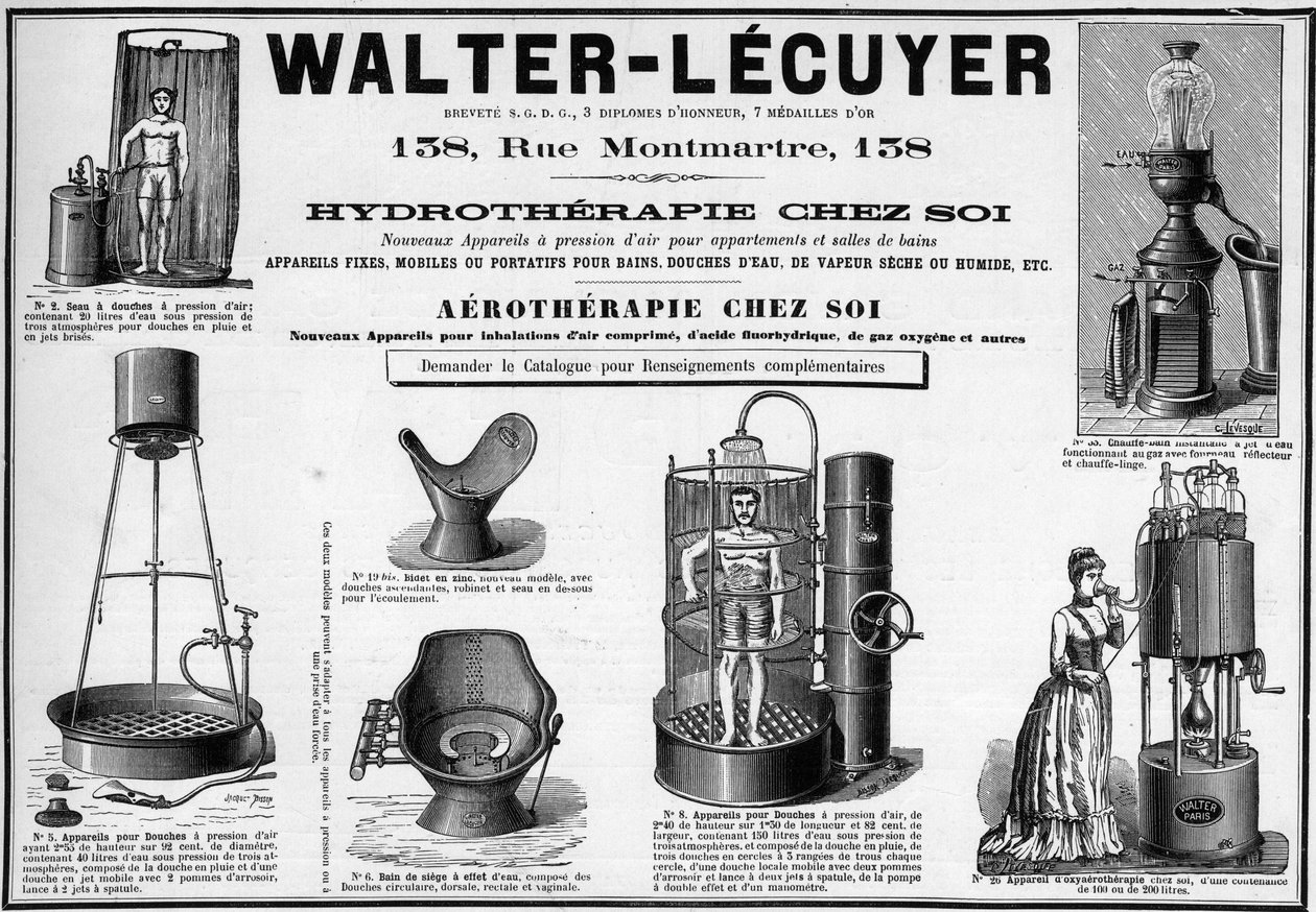 Reklam från 1889 för mobila armaturer för bad, vattenduschar, torr eller våt ånga, bidé, märke Walter-Lecuyer (Walter Lecuyer). av Unknown artist