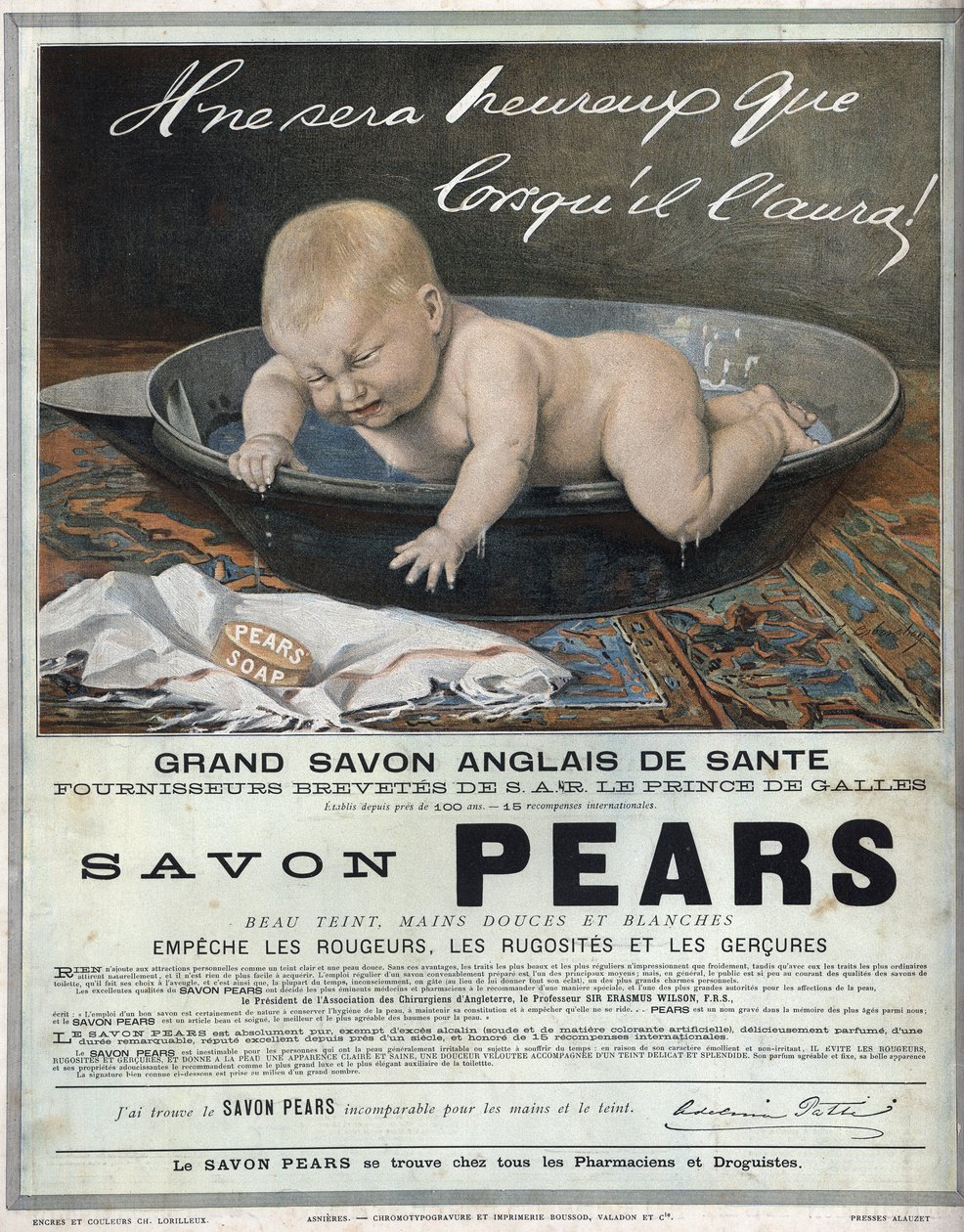 Reklam från 1889 för den engelska tvålen "" Pears"" fantastisk engelsk hälsosåpa. En baby i sitt bad gör ett infall (gråter) och försöker fånga tvålen. av Unknown artist