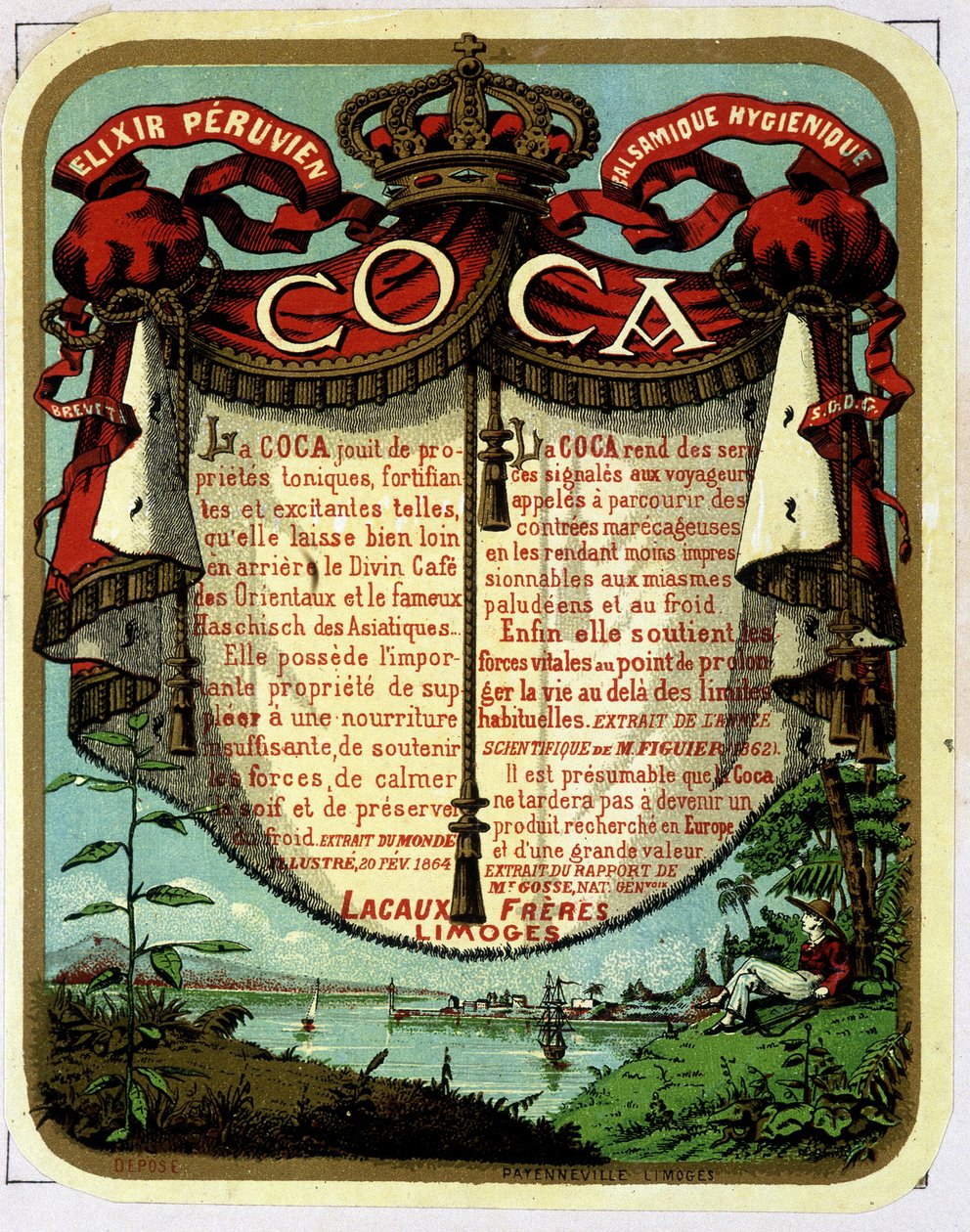 Reklam för Coca (produkt utvunnen ur kokain): "" The Peruvian Balsamic Hygienic Exilir COCA"", kromolitografi från 1800-talet. av Unknown artist