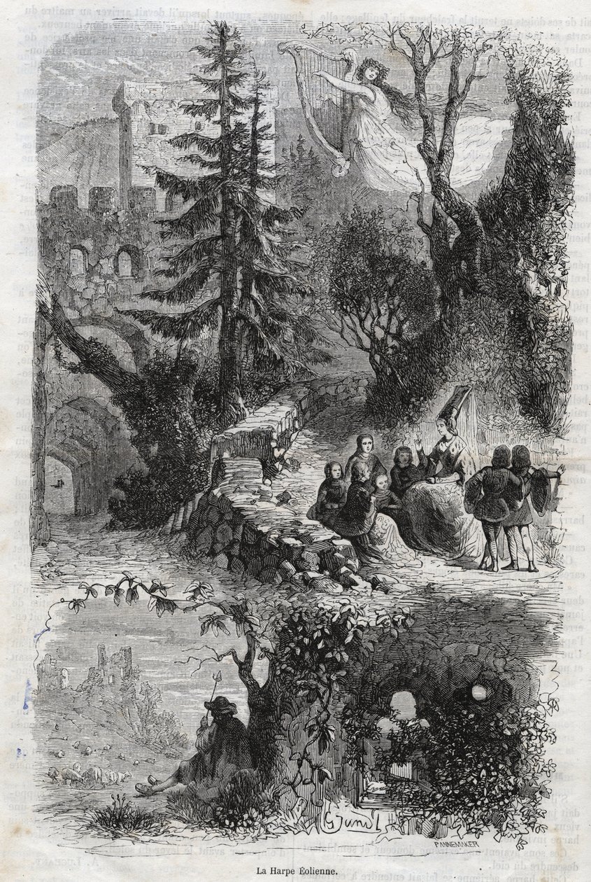 Eolisk harpa - blåsharpa - Arpa eolia - Blåsharpa - musikinstrument spelat av vinden - gravyr från 1860 av Unknown artist