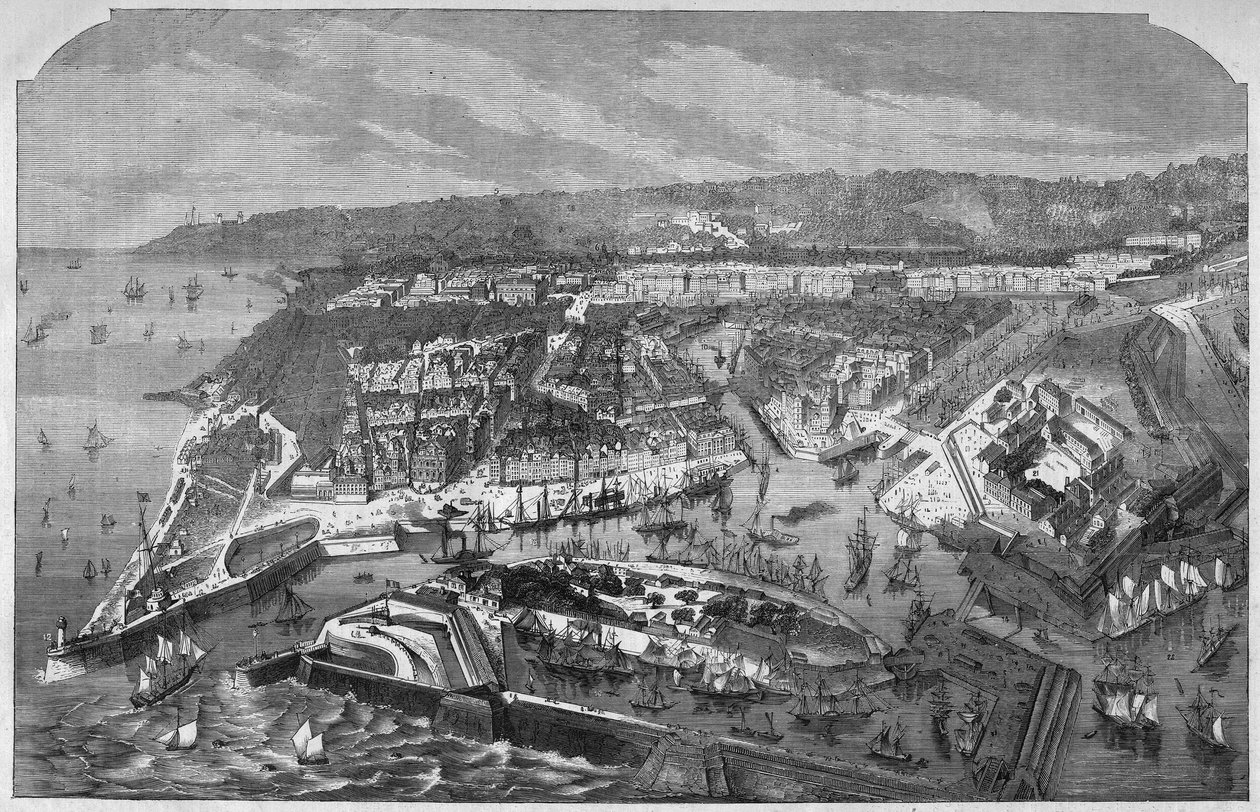 Aerienne utsikt över hamnen och staden Le Havre, Seine-Maritime (Seine Maritime), Normandie, Frankrike. Gravyr i "" L