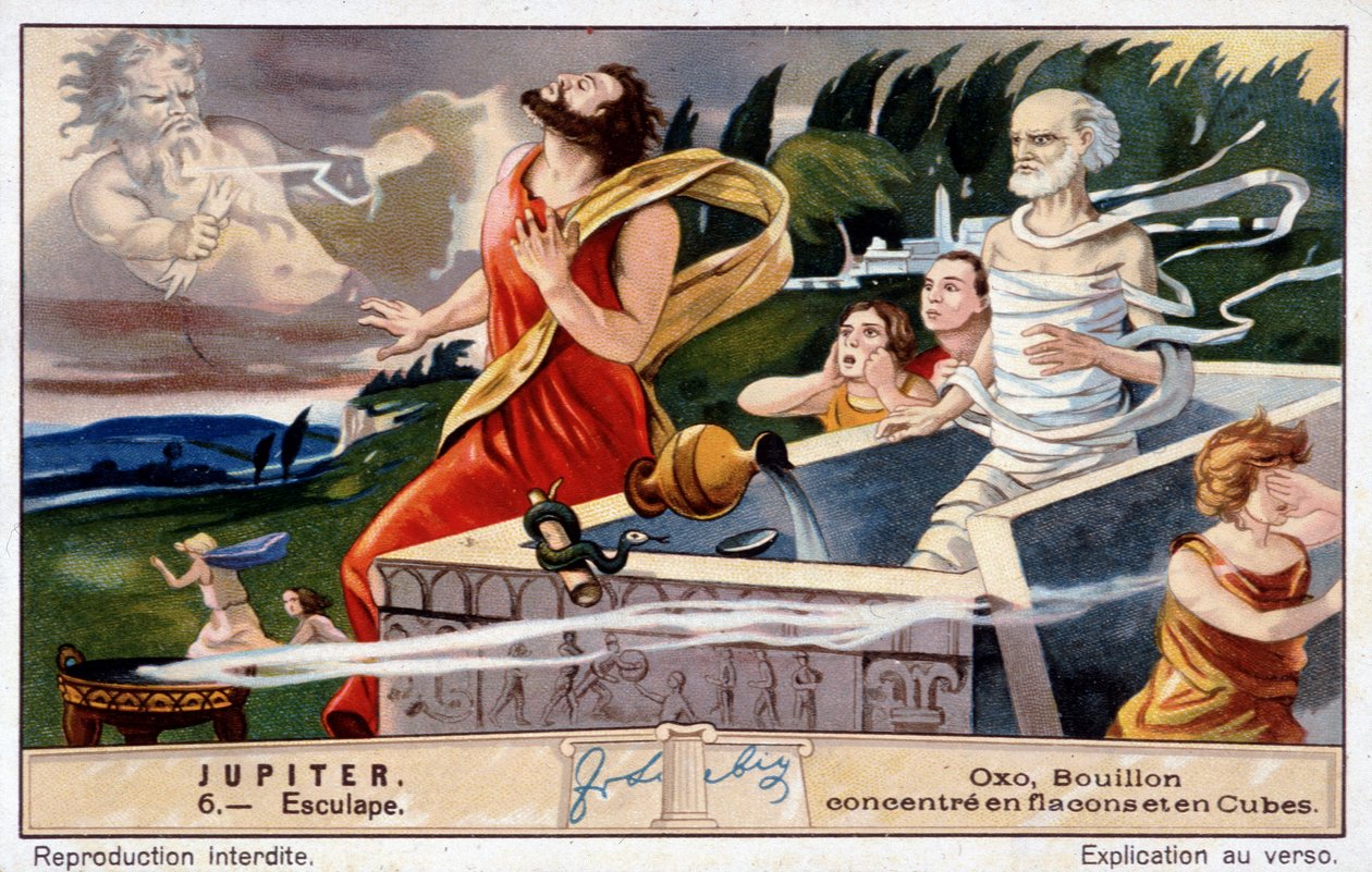 Aesculapus dör, sprängd av Jupiter, för att återuppliva de döda - Oxo-kromolitografi, producerade Liebig av Unknown artist