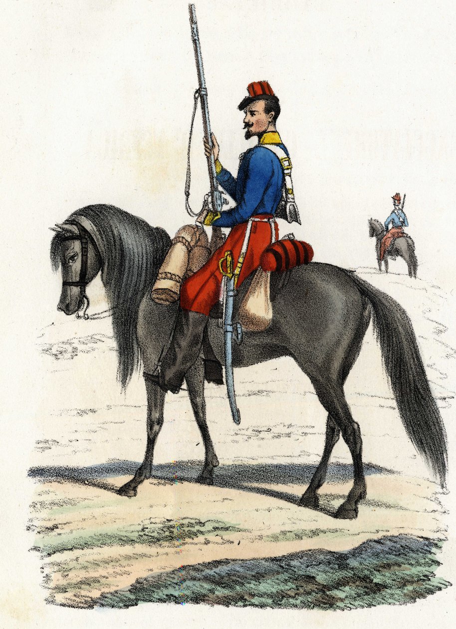Afrikansk jägare till häst, regemente bildat 1831 och närvarande i Algeriet 1832. I "" Storia d