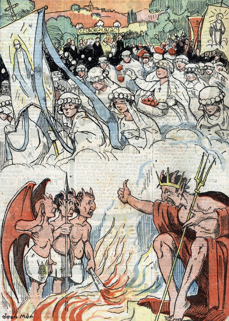 Efter en period av förbud mot religiösa offentliga evenemang återupptas processioner och pilgrimsfärder i Frankrike Illustration från "Le pelerin" maj 1921 av Unknown Artist