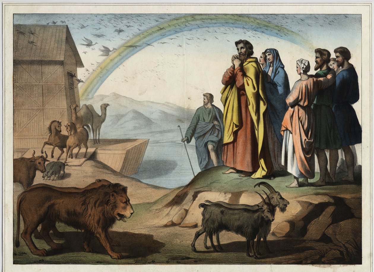 Efter syndafloden stiger djuren ner från arken. Till höger: Noa, hans fru, hans tre söner (Shem, Sham och Jafet) och deras fru. Längst ner, regnbågen (symbol för skapelseordningen slutar mellan Noa och Gud). Anonym gravyr från th av Unknown artist