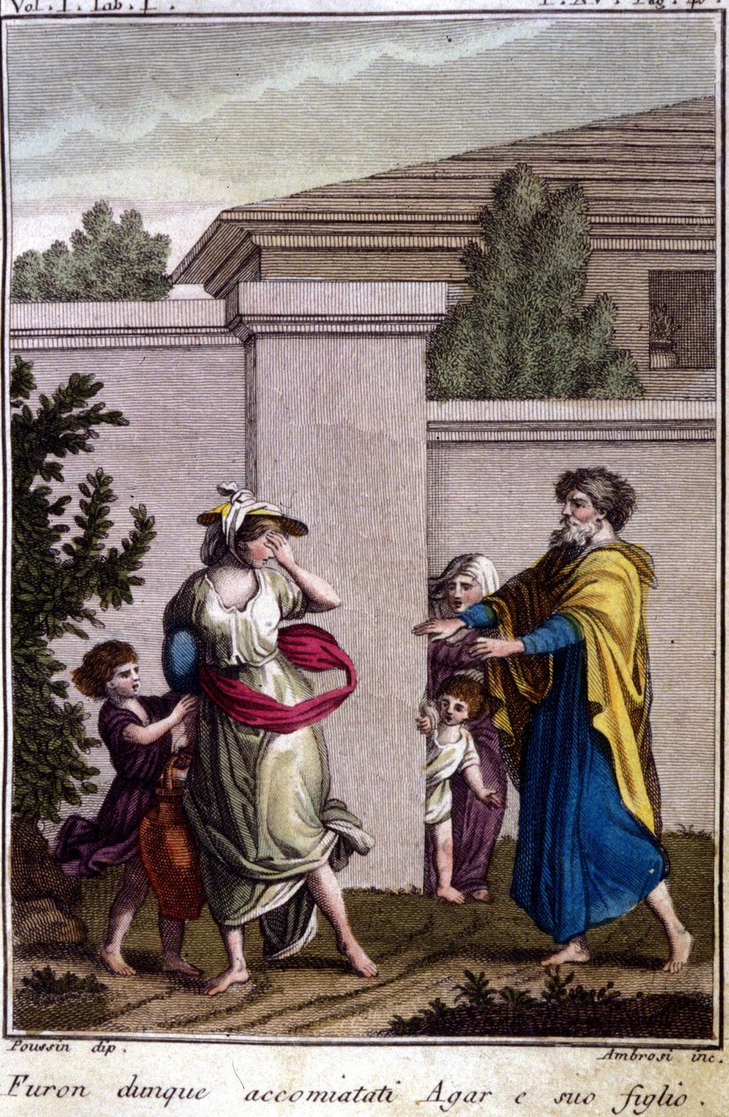 Agar och Ismael drevs ut av Abraham: Agar, som blev avskedad, följde med sin son, Isamel, efter Isaks födelse. Gravyr från början av 1800-talet. av Unknown artist