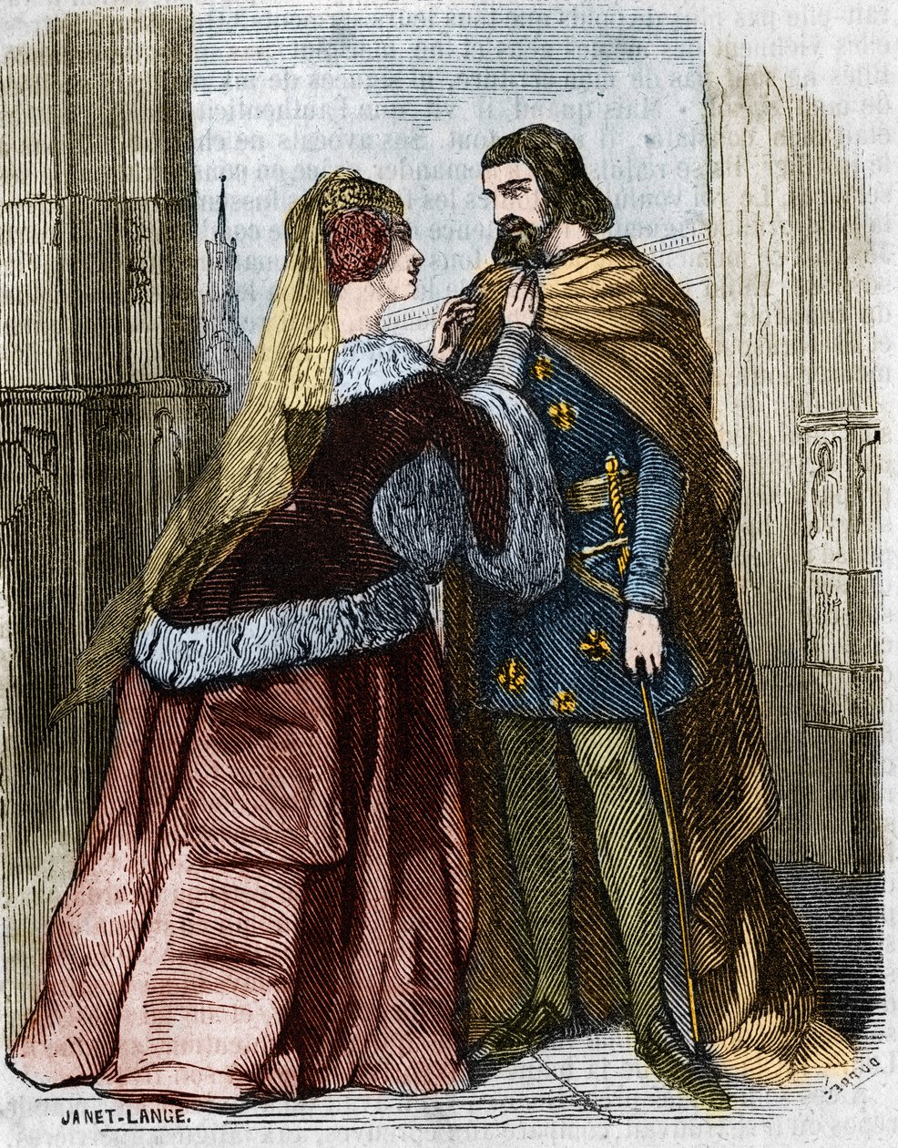 Agnes Sorel (1422-1450) (Damen av Beaute sur Marne) (Beaute-sur-Marne) och kungen av Frankrike Karl VII i klostret Jumieges. Gravyr av 1800-talet. av Unknown artist