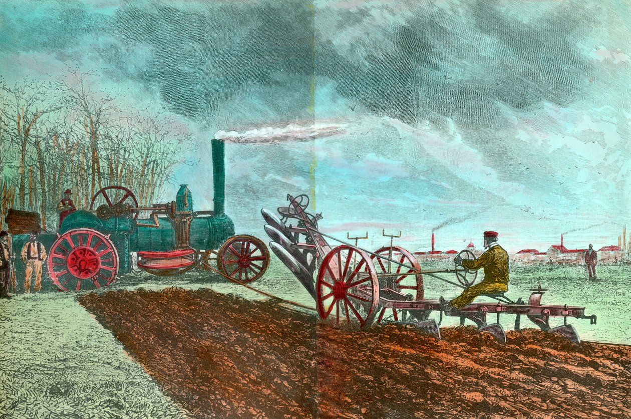 Jordbruksarbete och framsteg: ångplöjning. Gravyr av 1800-talets Privatsamling av Unknown artist
