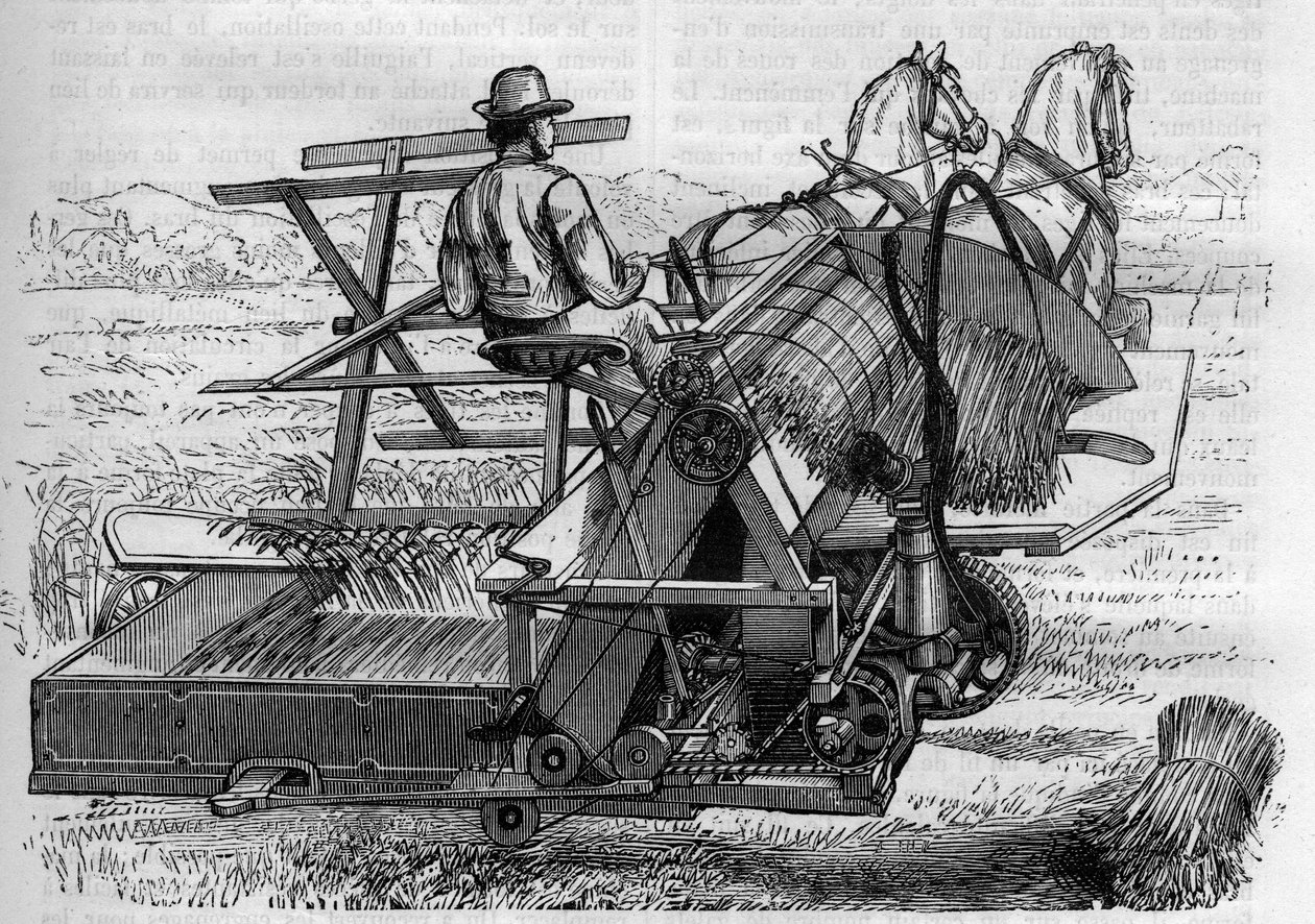 Jordbruk och jordbruksmaskiner: en ny skördare som dras av hästar som automatiskt binder kärvarna av bles på fälten. Gravyr i "" La Nature"" av Unknown artist