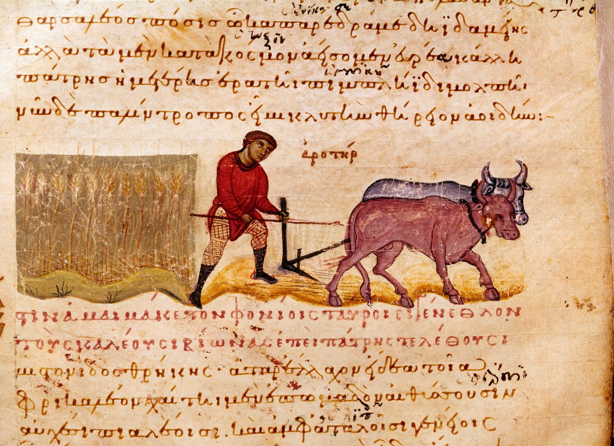 Jordbruk: plöjningsscen. Miniatyr från jakthandeln "" The Cynegetics "" av Oppian (Oppian eller Oppianus) från Syrien (3:e århundradet e.Kr.) tillägnad Caracalla. 1000-talets Venedig. Biblioteca Marciana av Unknown artist