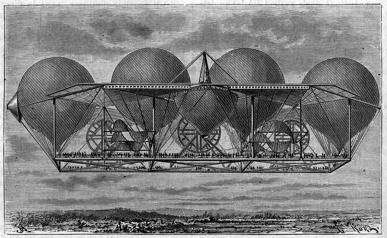 Luftskeppsprojekt av uppfinnaren Ernest Petin 1812-1878). Gravyr i "The Journal of Youth" av Unknown artist