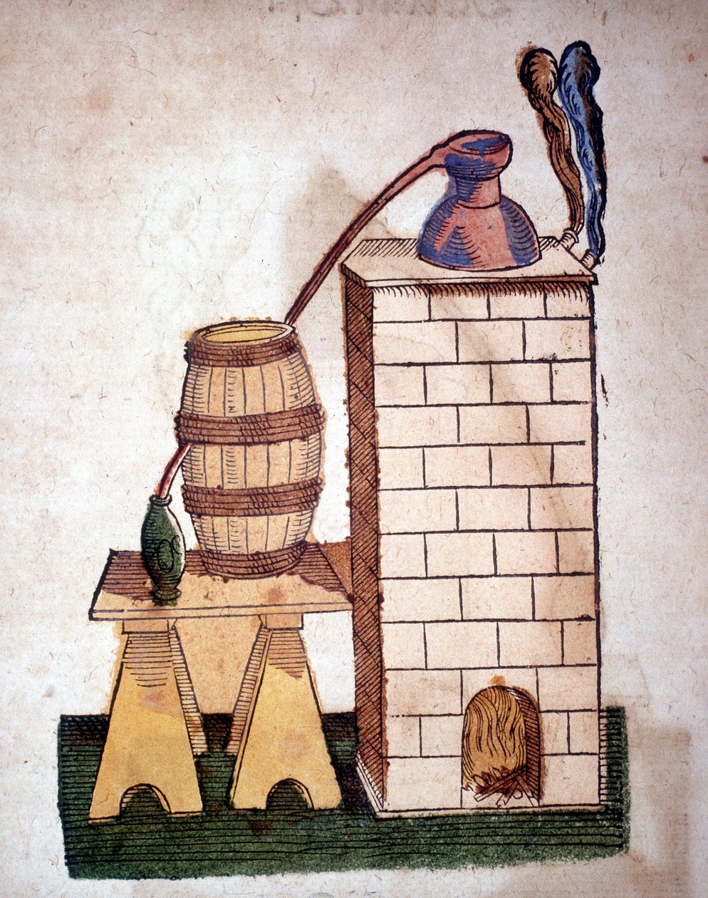 Alkemi: apparat för destillation. Gravyr från en bok av Pietro Andrea Mattioli (Matthiole) (1500-1577). Frankfurt av Unknown artist