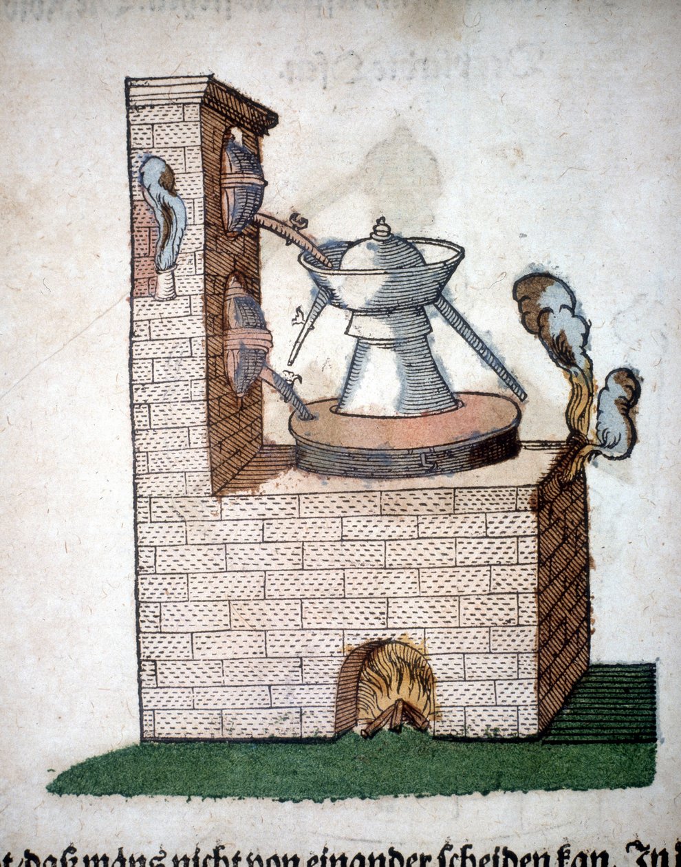 Alkemi: apparat för destillation, hämtad från en bok av Pietro Andrea Mattioli (Matthiole) (1500-1577). Frankfurt av Unknown artist