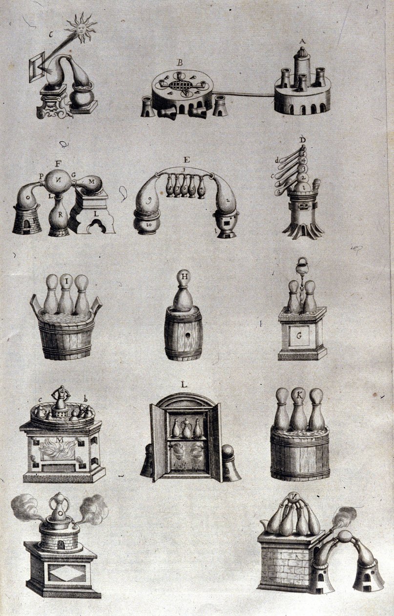Alkemi: tavla som representerar olika modeller av destillationsapparater och destillationsapparater. Athanase Kircher (eller Athanasius Kircheri 1602-1680), tysk jesvit. 1600-talsgravyr. av Unknown artist