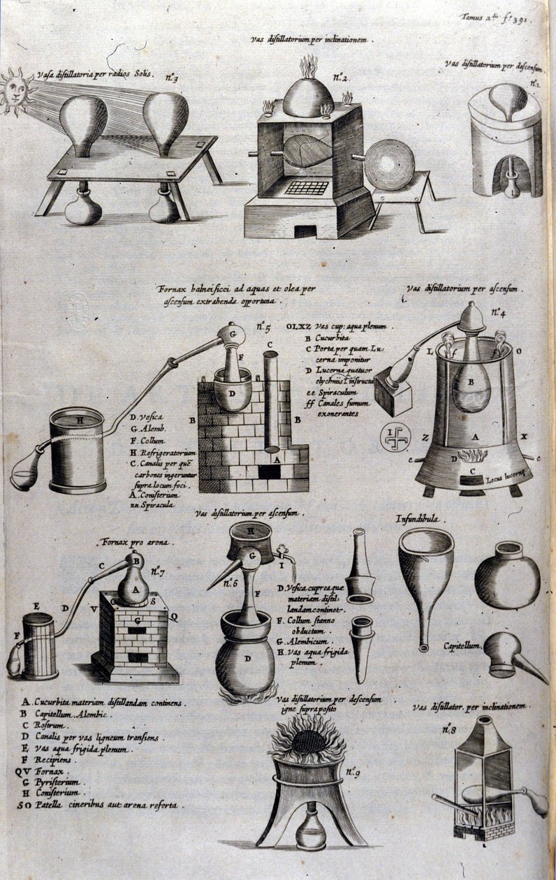 Alkemi: tavla som representerar olika modeller av destillationsapparater och destillationsapparater. Athanase Kircher (eller Athanasius Kircheri 1602-1680), tysk jesvit. 1600-talsgravyr. av Unknown artist