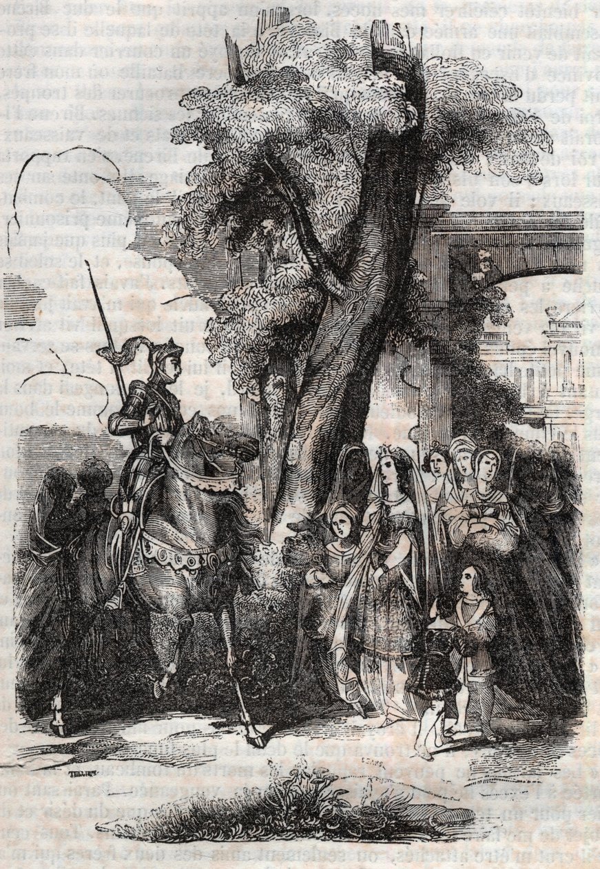 Alcina och hennes hov kommer för att hälsa på Ruggiero - gravyr från 1851 från dikten Orlando furioso (1516) av Ludovico Ariosto, - Upplaga översatt från italienska av greven av Tressan och utgiven av Gustave Harvard 1851 av Unknown artist