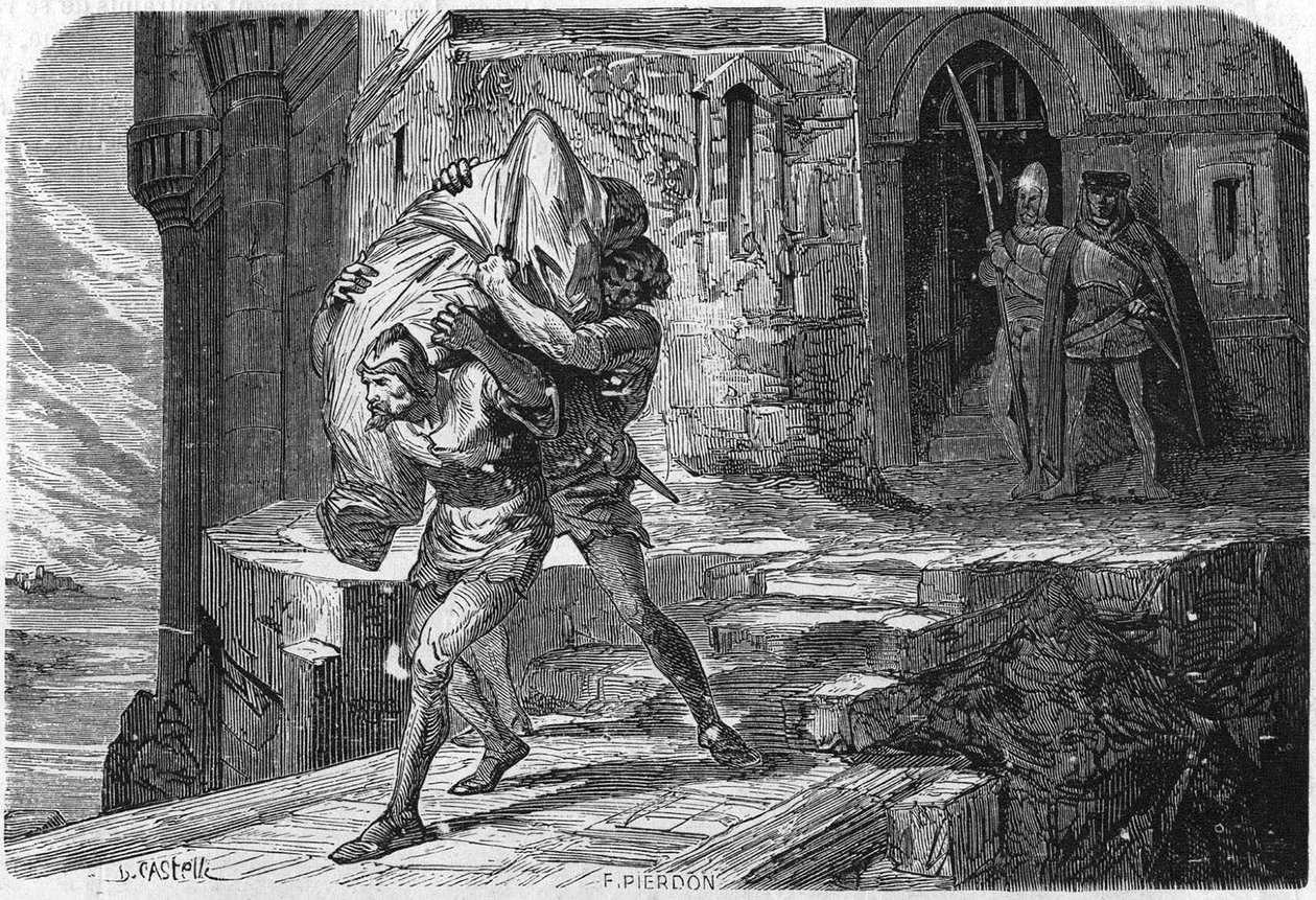 Alexander, kung och basard av Bourbon syddes in i en påse och gjuts in i Gryningen för att ersätta den med delfinen, den framtida Ludvig XI. Gravyr av 1800-talet. av Unknown artist
