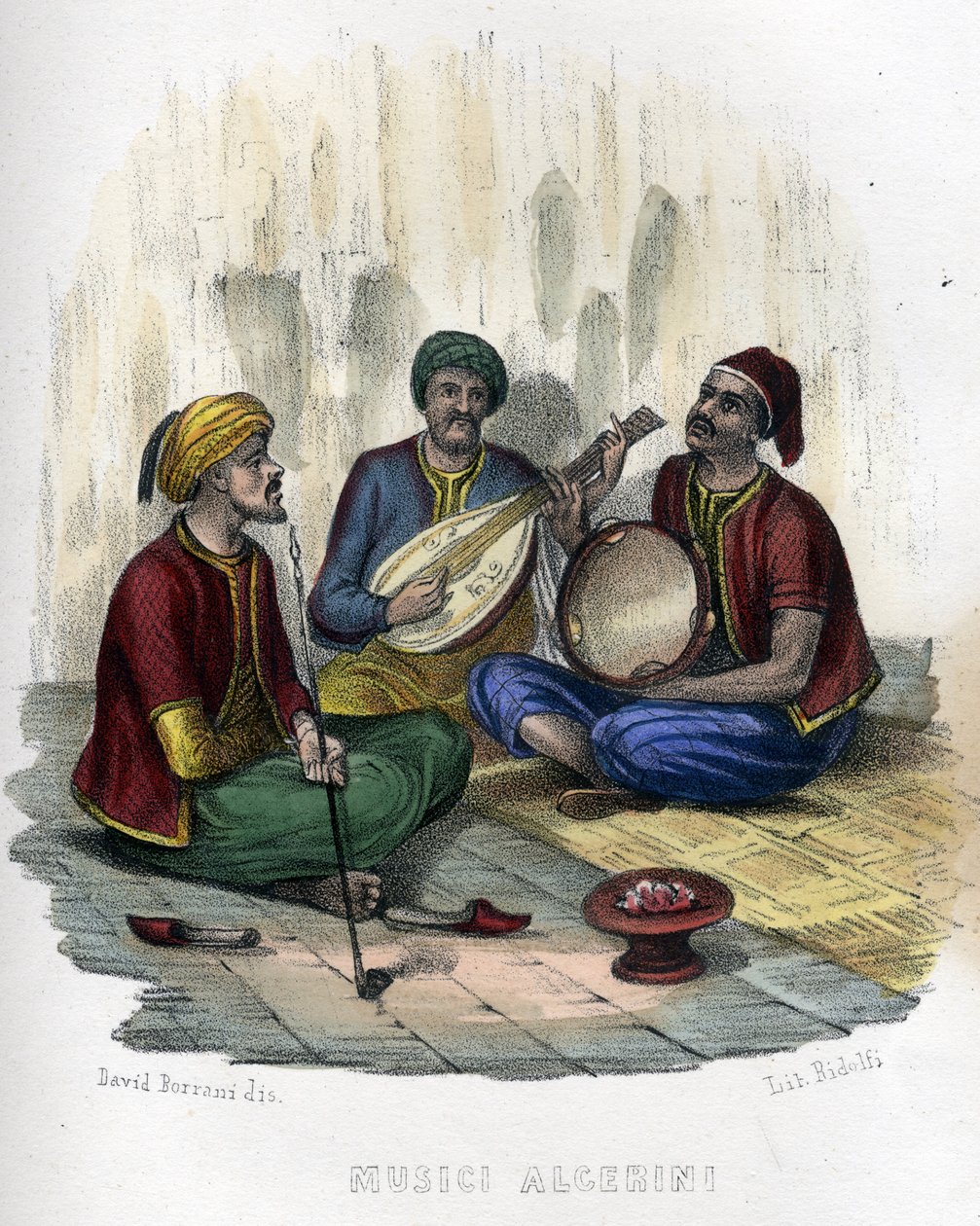 algeriska musiker. i "Ancient and modern Algeria"" av Léon Galibert. Italiensk upplaga i 1846 färg. av Unknown artist