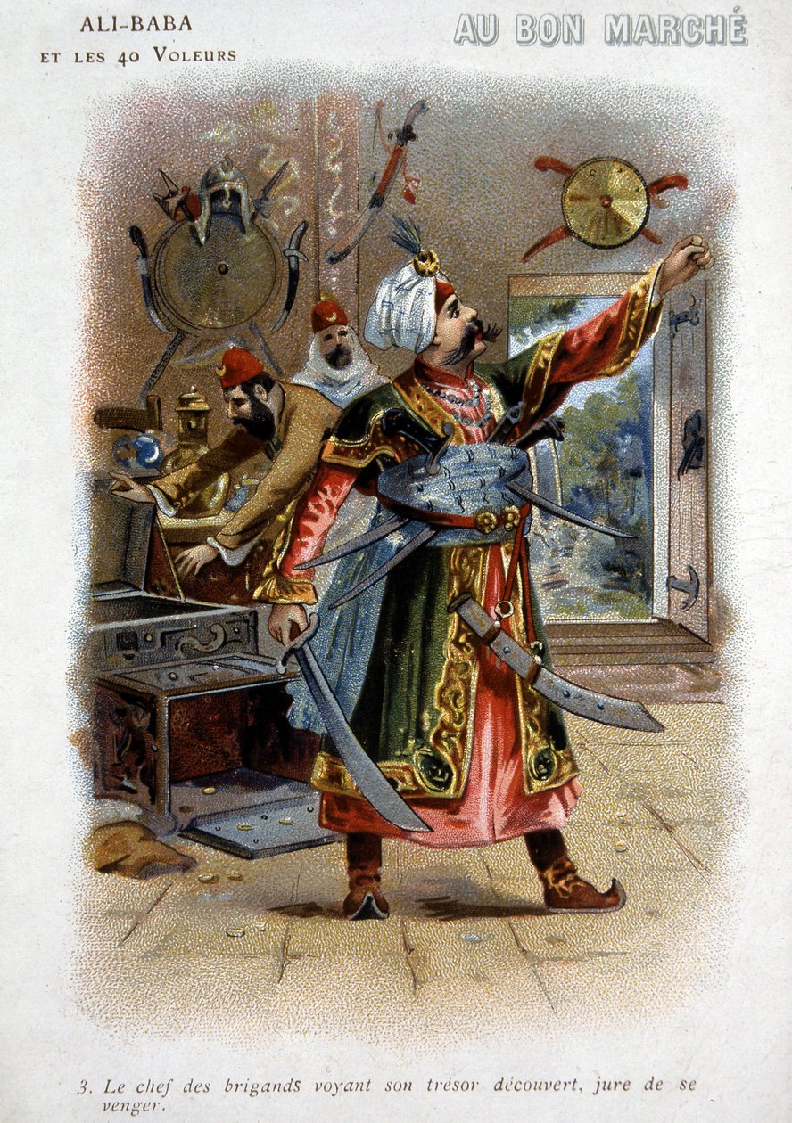 Ali - Baba (Ali Baba) och de 40 tjuvarna (berättelser om de tusen och en natt): Rånarnas chef som ser sin skatt avslöjas, svär hämnd - Kartong från "den goda marschen", sent 1800-tal av Unknown artist