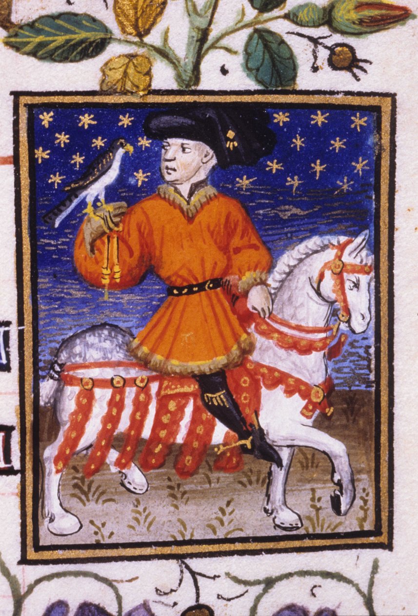 Allegorisk framställning av maj. En ung herre med brays som klämmer på knäet vid ett strumpeband som håller i en falk. Miniatyr av ett 1300-talsmanuskript; av Unknown artist