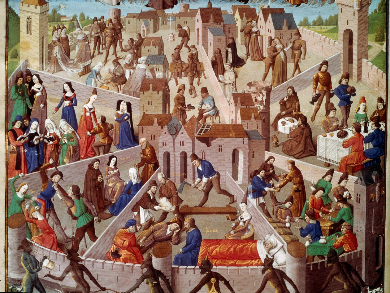 Allegorisk representation av jordens stad, mänsklig synd, stolthet, ilska, lust, avund, lättja, excesser och deras motsatta dygder, piete, nyansering, nykterhet... Miniatyr från manuskript ms. 8346, fr. 18, fol. 3 av Unknown artist