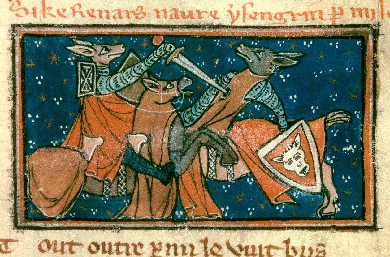 Allegori om medeltidens samhälle: "Räven sårar Isengrim i singular strid"". Miniatyr från manuskriptet "The Roman De Renart Le Nouvel" av Jacquemars Gielee av Unknown artist