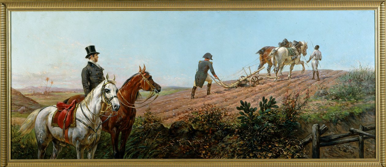 Allegori föreställande Napoleon som plöjer under överinseende av sin svarta tjänare i St. Helena, olja på duk av Olivier Pichat (1825 - 1912) av Unknown artist