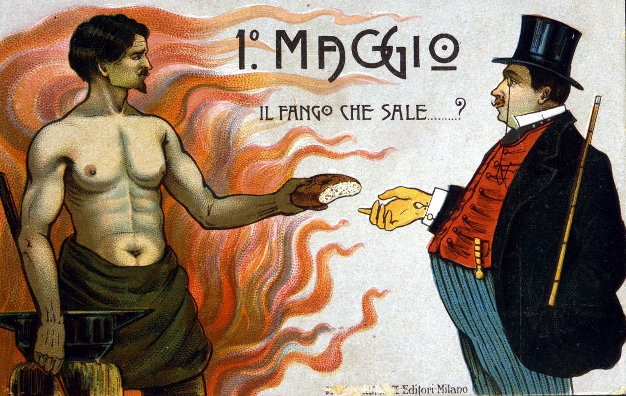Allegori om klasskamper: 1 maj: leran stiger, en arbetare erbjuder bröd till en borgare. 1898 av Unknown artist