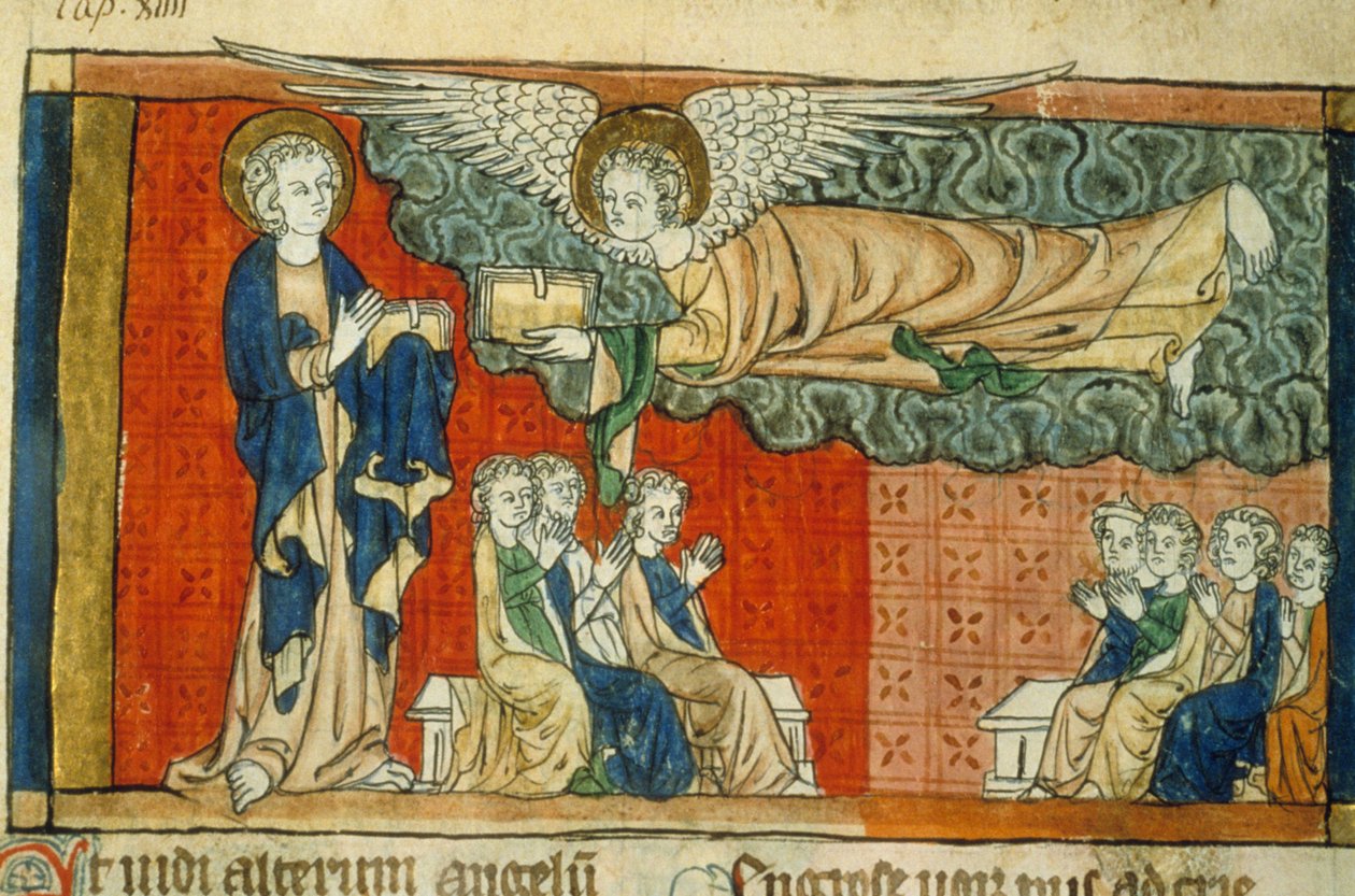 Allegory of the Fall of Babylon (med ängel) - Miniatyr av medeltiden (ref.815, 032r): Begäran om tillstånd från kommunalbiblioteket i Toulouse (tel: 05 62 27 66 66) av Unknown artist