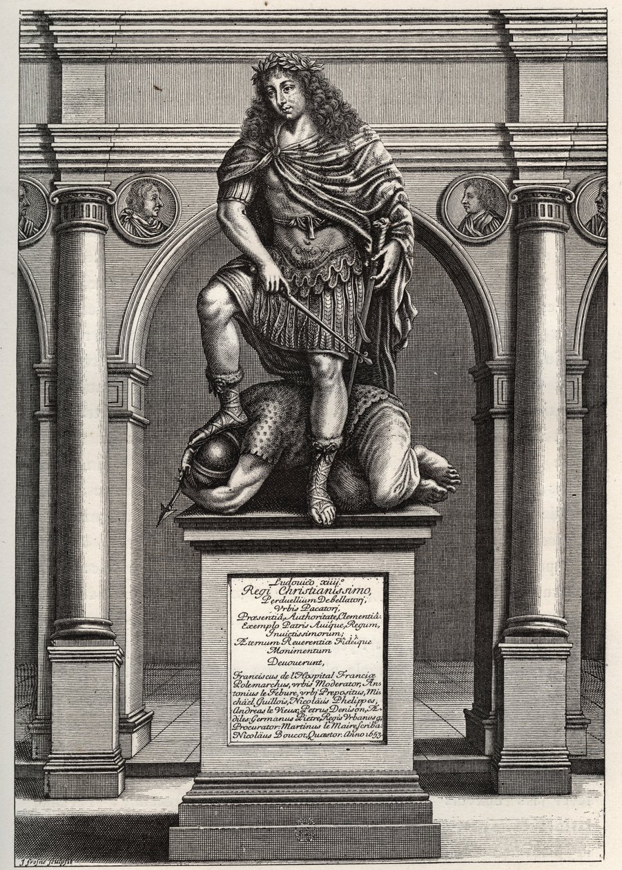 Allegori som representerar kung Ludvig XIV (1638-1715) som krossar sina fiender. Gravyr av J. Frosne från 1653. Privat samling. av Unknown artist