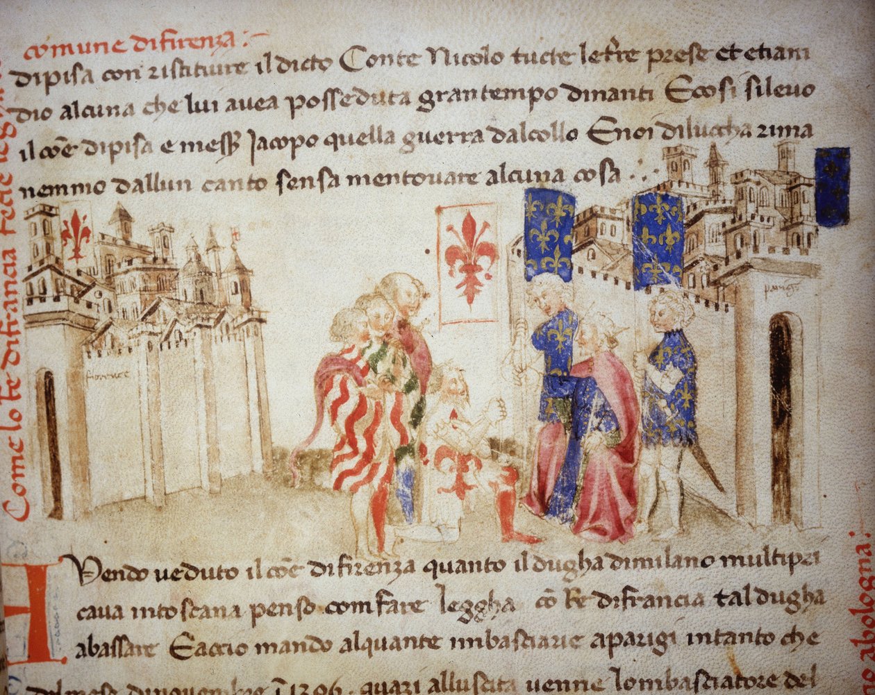 Allians mellan kungen av Frankrike, Karl VI, med kommunen Florens 1396 - i "" Croniche del Sercambi"", cirka 1400. Nationalarkivet, Lucca. av Unknown artist