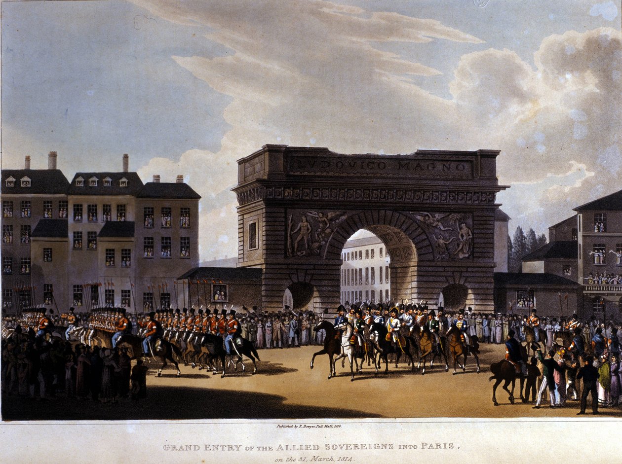 Allierade gick in i Paris den 31 mars 1814 (Ryssland Alexander I, den österrikiske kejsaren Francois I och den preussiske kungen Fredrik William III.) gravyr från 1826 av Unknown artist