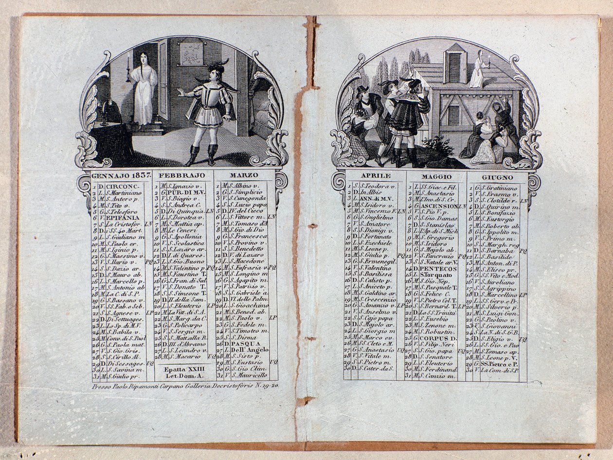 Årets almanackskalender 1837 dekorerade scener av operan La sonnambula, av Vincenzo Bellini av Unknown artist