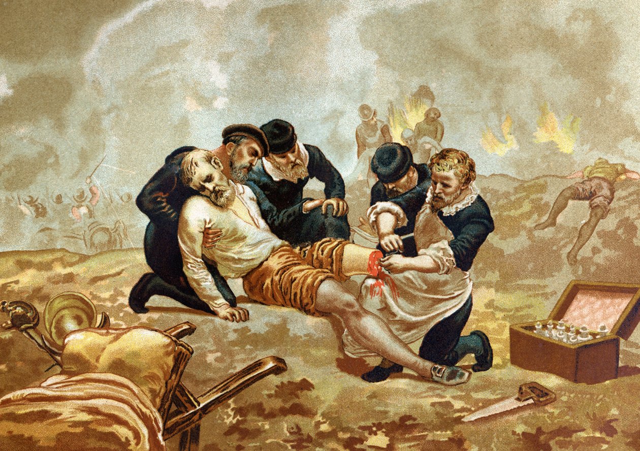 Ambroise Pare Medicine och fransk kirurg (ca 1509-1590) utövar ligering av artärer efter amputation. av efter kända män och kvinnor. Barcelona 1877. av Unknown artist