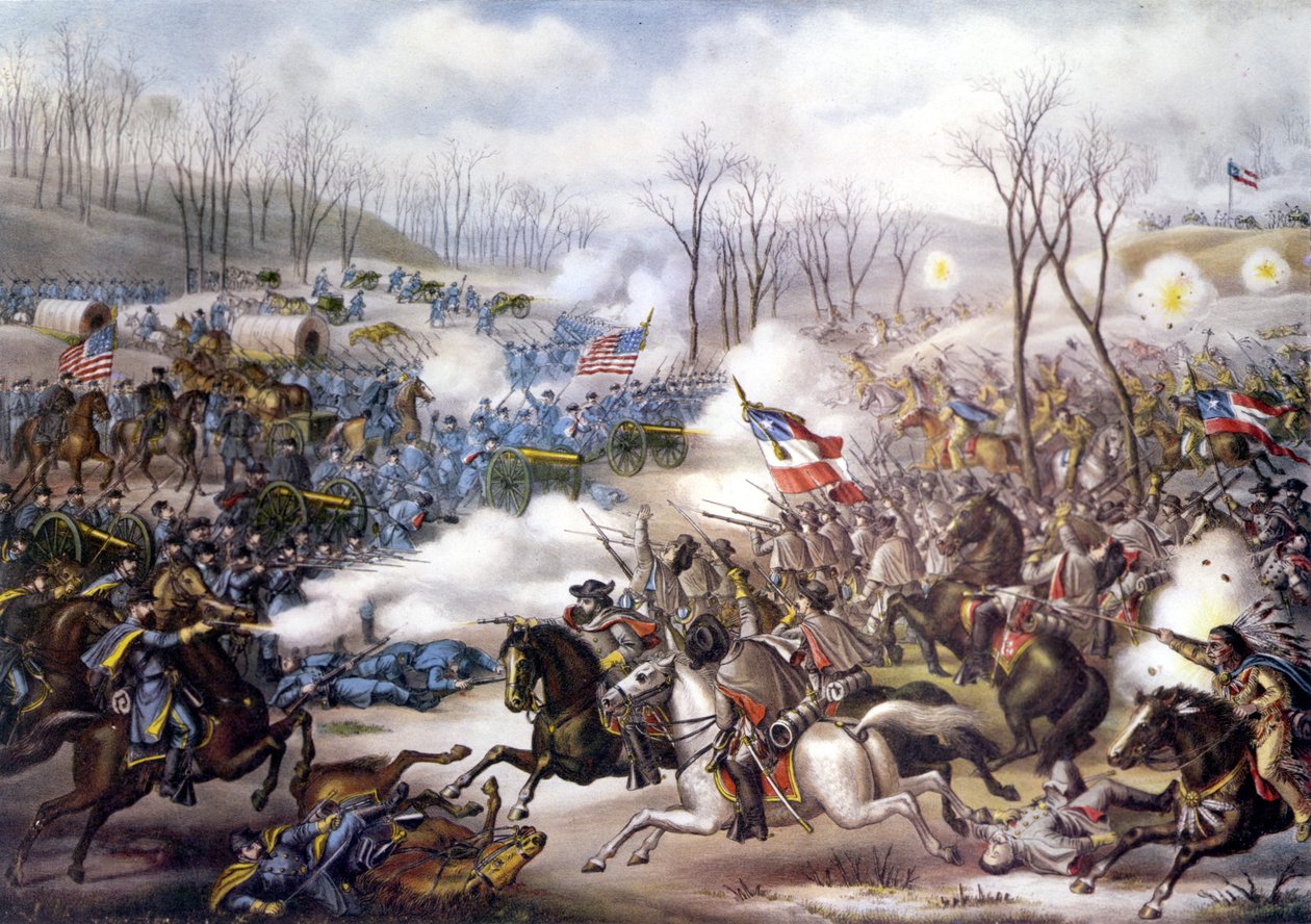 Amerikanska inbördeskriget (1861 - 1865): Slaget vid Pea Ridge eller Elkhorn Tavern (Arkansas) 6 - 8 mars 1862. Gravyr från 1800-talet. av Unknown artist
