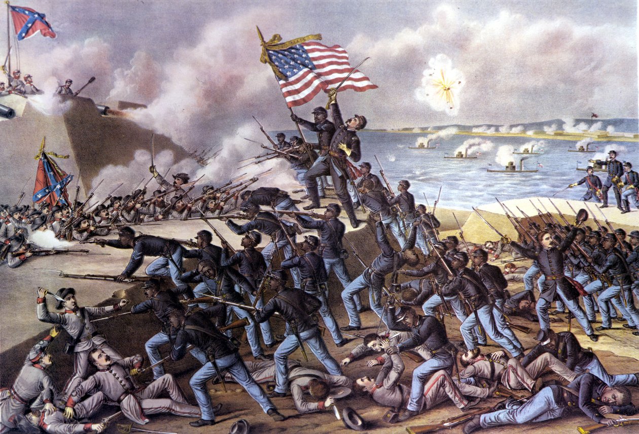 Amerikanska inbördeskriget (1861 - 1865): attack på Fort Wagner på Jekyll Island utanför Georgia av 2000 svarta frivilliga i juli 1863. Gravyr från 1800-talet. av Unknown artist