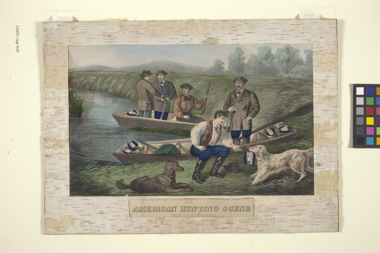 Amerikansk jaktscen (handfärgad litografi) av Unknown artist