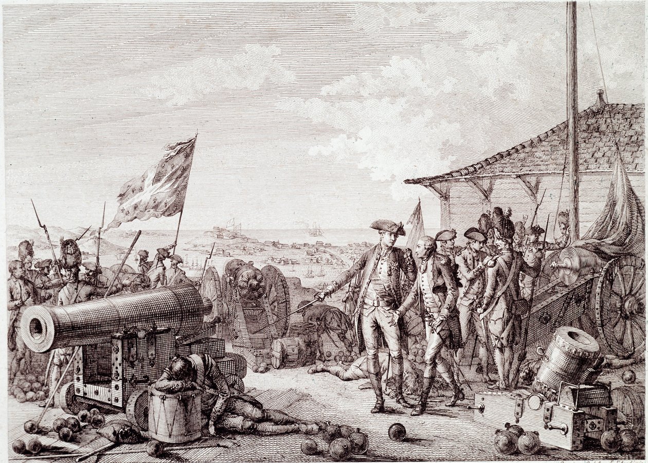 Amerikanska revolutionskriget: Slaget vid Grenada den 6 juli 1779 mellan den brittiska kungliga flottan och den franska flottan (gravyr av Unknown artist