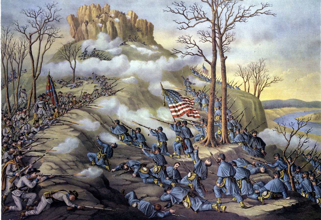 Amerikanskt avskiljningskrig eller inbördeskrig (1861 - 1865): 1863-11-23, slaget vid Lookout Mountain i Tennessee, ett anfall som idag kallas slaget över molnen på grund av dimman som gjorde att federala trupper kunde avancera snabbare. Gravyr av 1800-tal av Unknown artist