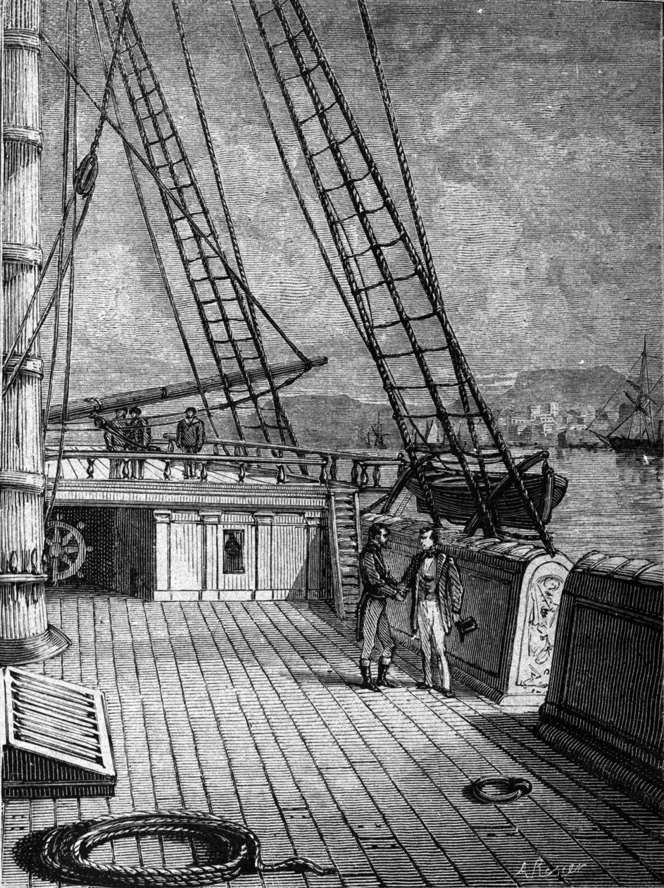 Den amerikanske uppfinnaren Samuel Finley Breese Morse (1791-1872) ombord på fartyget "Sully" den 13/10/1832. Det var på denna resa som han utvecklade grunden för uppfinningen av telegrafen. Gravyr av 1800-talet av Unknown artist