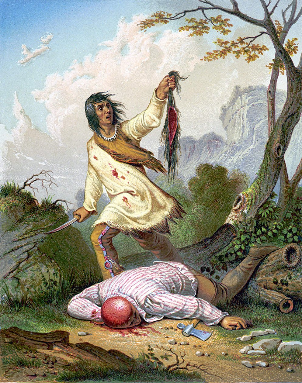 En indian som håller en kniv och en hårbotten över en man som ligger på golvet. Gravyr v. 1860. av Unknown artist